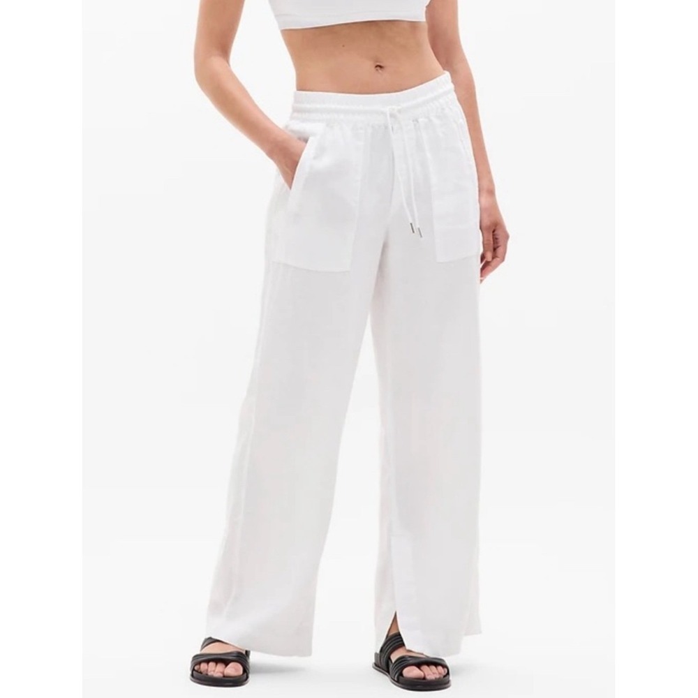 Athleta Retreat Linen High Rise Wide Leg Pant 0 White Drawstring Excellent